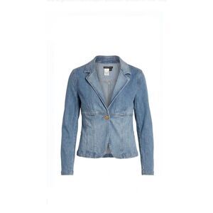 Vintage Y2K Notch Collar Flower Button Front Blazer Blue Denim Jean Jacket